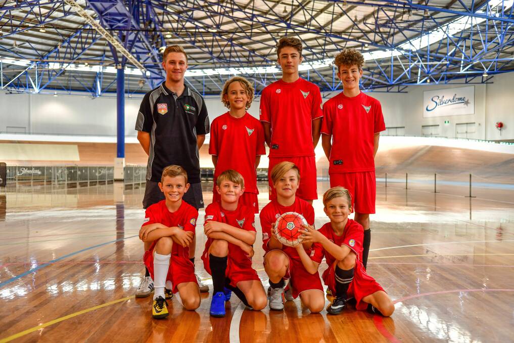 Futsal fury: Jarrod Linger with Saxon Baldock, Jack Harper, Alexander Vogelaar, Tyson Rusden, Tyson Matthews, Casey Noble, Ben Berlese. Picture: Scott Gelston