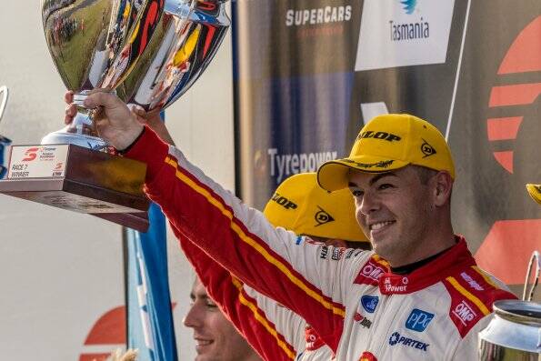 Supercars, Symmons Plains: Scott McLaughlin with his winning trophy. Picture: Phillip Biggs