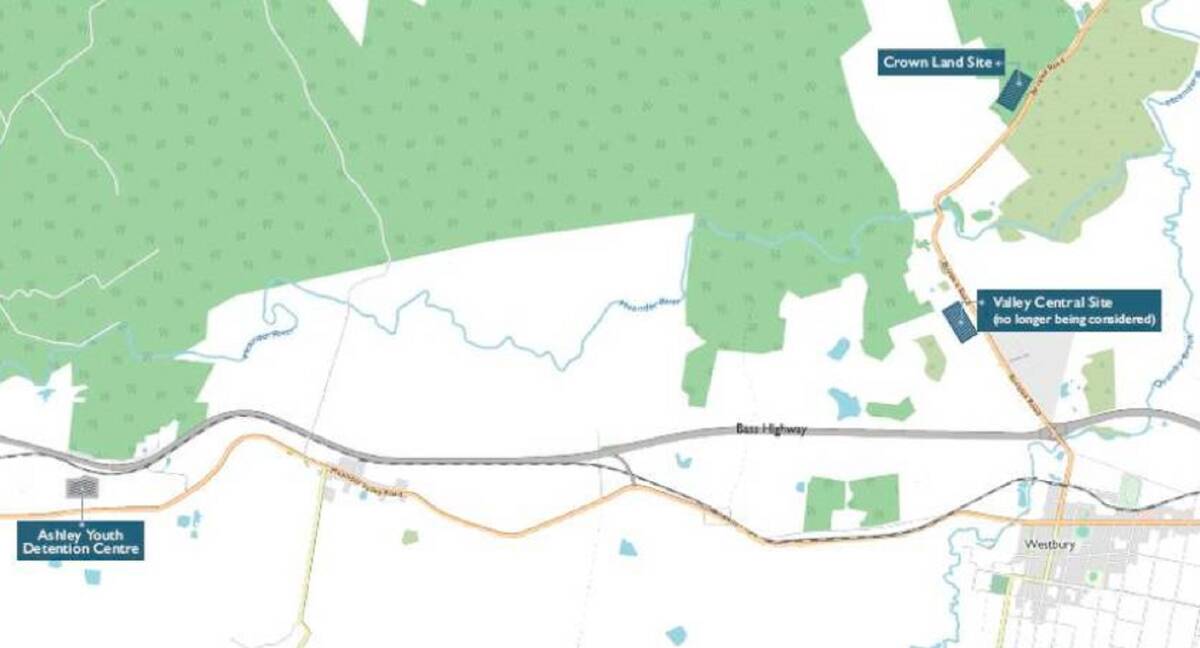 New site: a map indicating the old and new site of the Northern Regional Prison in relation to Ashley Detention Centre and Westbury. Picture: supplied