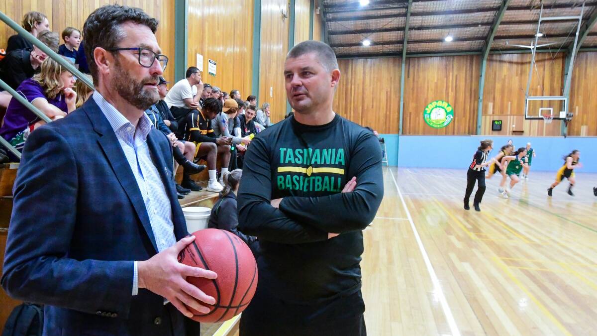 Looking ahead: Tasmania JackJumpers chief executive Simon Brookhouse with Basketball Tasmania chief executive Chris McCoy. Picture: Neil Richardson