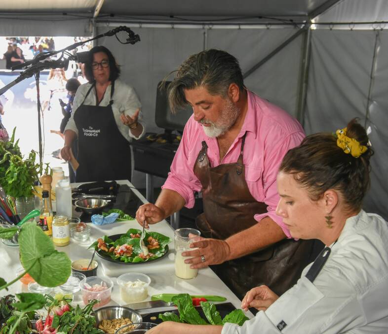 Taking the lead: Emma Warren assisting Matt Preston during his live demonstration with Kim Seagram at Festivale 2019. Picture: Paul Scambler