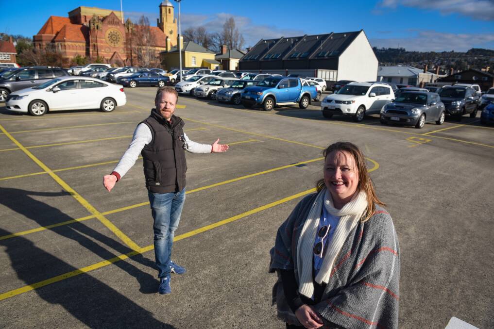 Roll up, roll up: Drive-in cinema organisers Steve Henty and Amanda Crawford at the Elizabeth Street car park. Picture: Paul Scambler