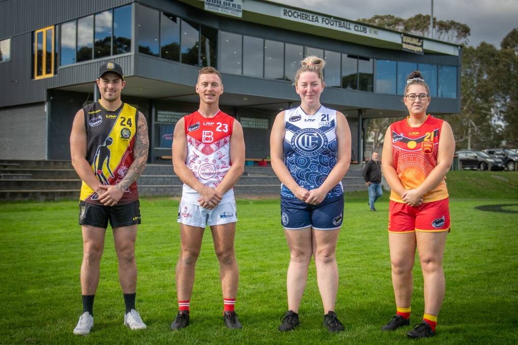 VIBRANT: Rocherlea's Jacob Hawkins, Bracknell's Joe Chilcott, Old Launcestonians' Toni Scully and Meander Valley's Paige Maynard in their custom-made Indigenous guernseys. Picture: Paul Scambler