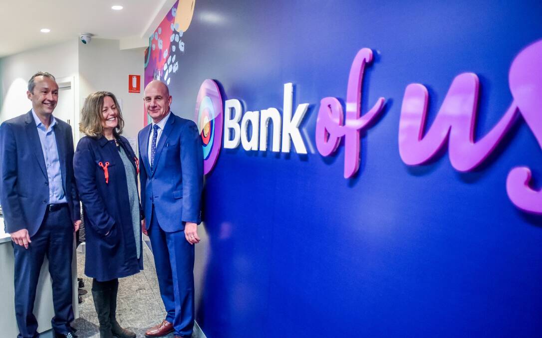 Helping hand: Bank of us chief executive Paul Ranson, Sarah Blacklock from Design Tasmania and Treasurer Peter Gutwein. Picture: Neil Richardson