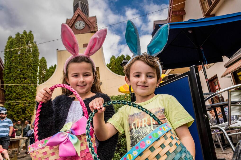 Hopping mad: Easterfest at Grindelwald Mia, 8, and Ollie, 6, Greatbatch, of Grindelwald. Picture: Phillip Biggs