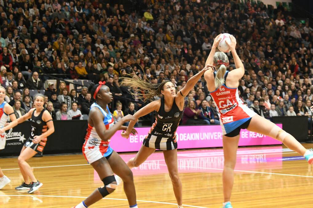 Big game: Magpies Geva Mentor keeper defends against Swifts attackers Geva Mentor and Sophie Garbin at the Silverdome. Picture: Paul Scambler