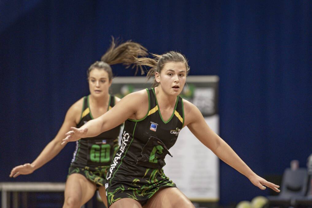 Cavaliers centre Piper Sanders and goal defence Estelle Margetts will be tested defensively by the Hawks on Friday night. Picture: Craig George