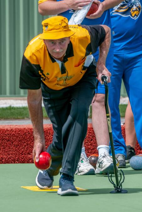 Longford bowler Alan Gamble bowls during the Roses Match at Longford. Picture: Phillip Biggs