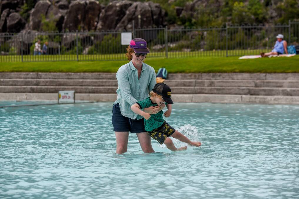 Splash: Lauren Giles and her son Victor, 4 enjoying the warm Monday weather at the gorge pool. Picture: Paul Scambler