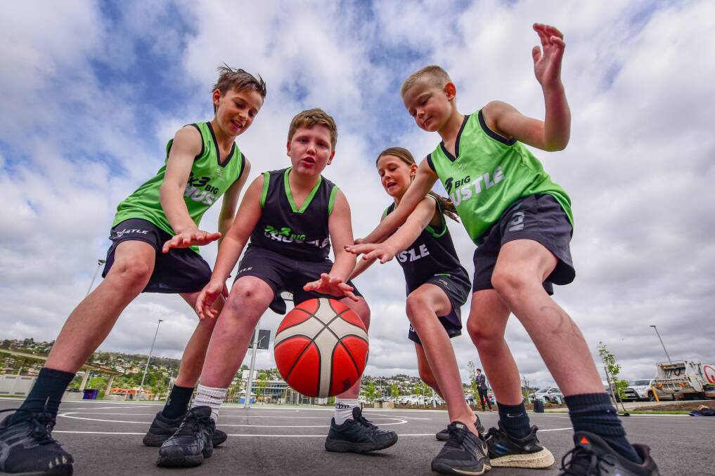 Focus: Charlie Dean, 9, Benjamin Lyndon, 10, Sophie Dean, 11 and Harry Taylor, 9, ready for 3x3 Big Hustle state champs this Sunday. Picture: Paul Scambler