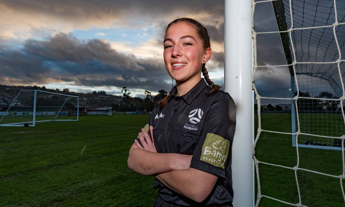 STANDING STRONG: Elliana Beeston, 14, is the youngest girl to officiate an NPL match. Picture: Phillip Biggs