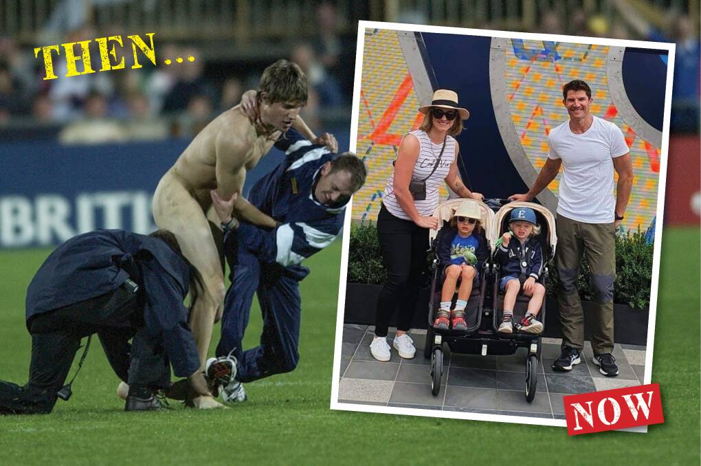 Halftime show: Jacob Swierc in 2003 being tackled by York Park security guards during the Rugby World Cup game, and pictured in 2020 with wife Edwina and sons Edward and Joshua. Pictures: Will Swan and supplied