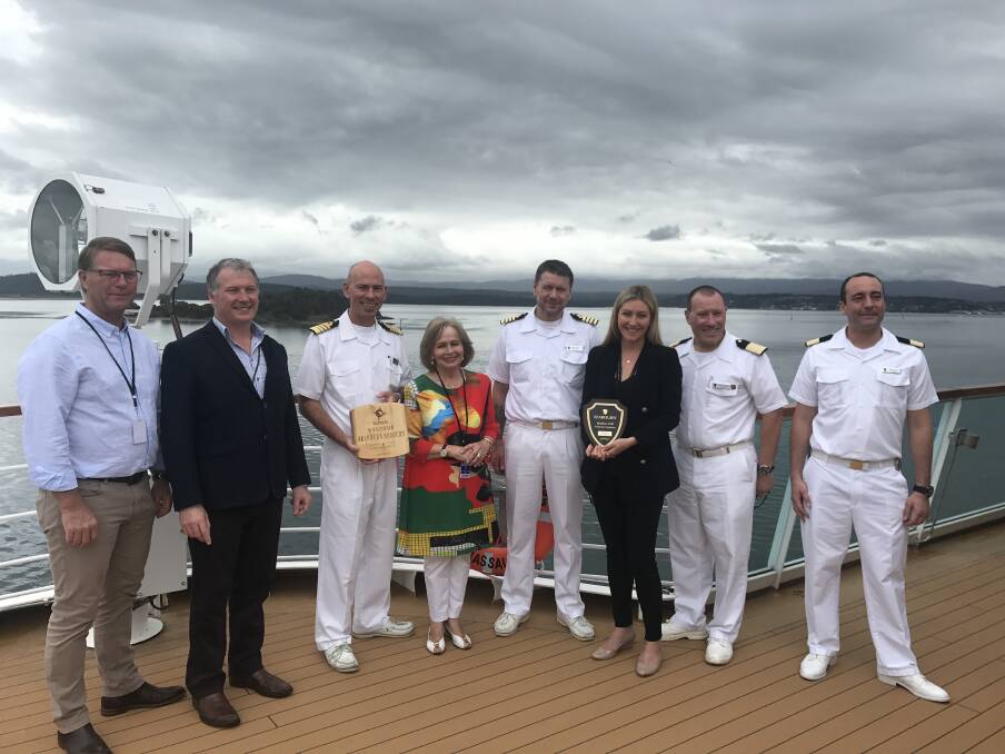 Cruising: Rolph Vos, Chris Griffin, Captain Hamish Elliott, Christina Holmdahl, Kristy Little and senior crew of Seabourn Sojourn. Picture supplied