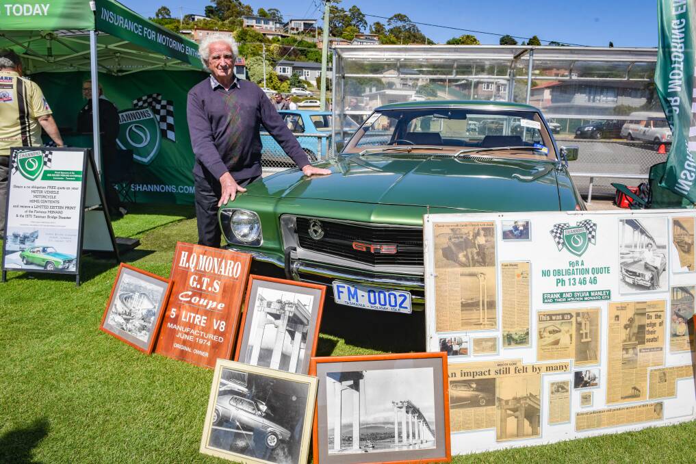 Miracle car: Frank Manley and his famous green HQ Monaro, which was famously pictured teetering on the edge of the missing Tasman Bridge span on January 5, 1975. Picture: Paul Scambler.
