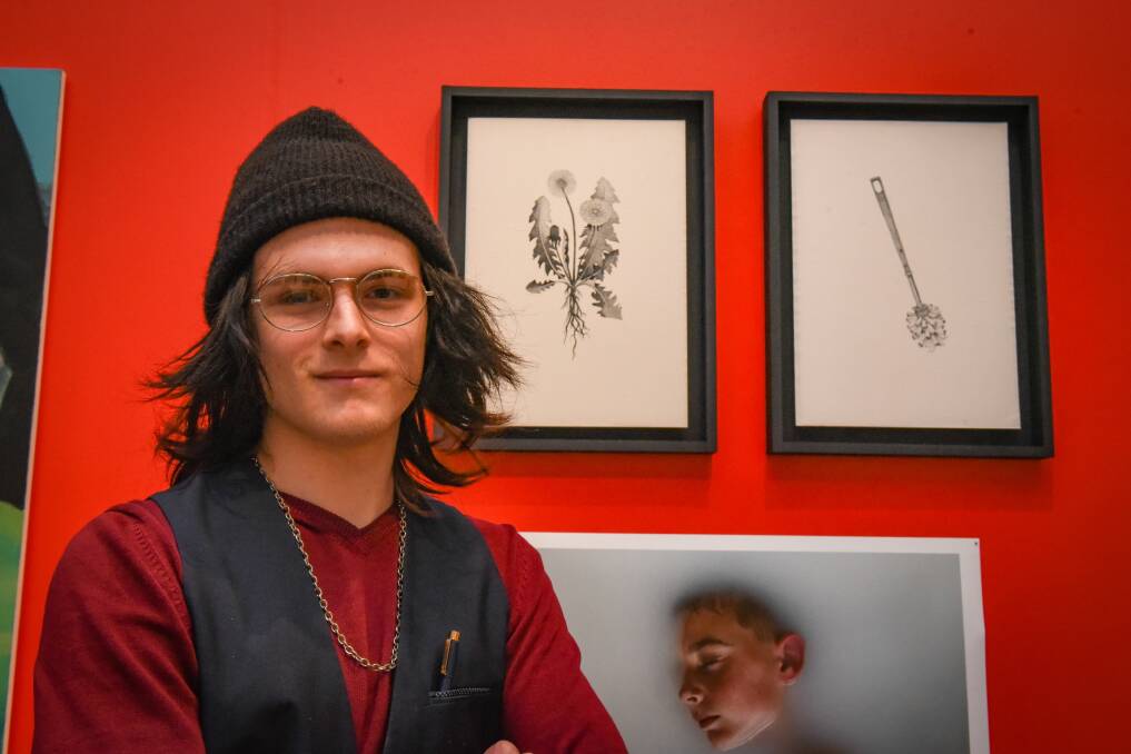 Points: Lewis Lennon, 18, of Launceston College, and two of his art work pieces. Picture: Paul Scambler
