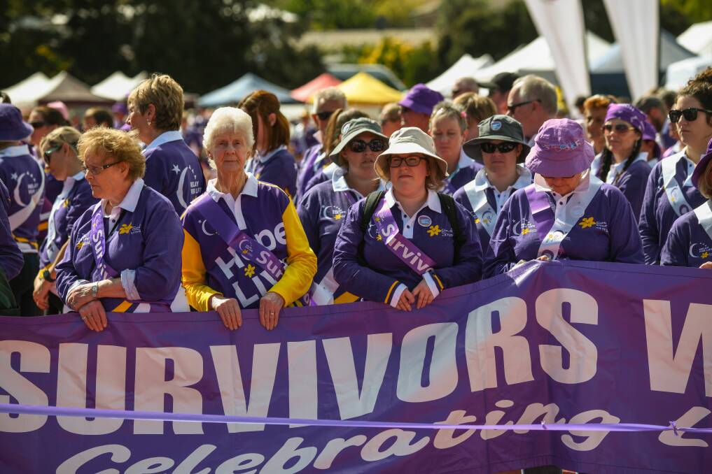 Libby Verhay and Kay Waggland of Launceston at the fron of the 2019 Relay for Life Survivors walk. Picture: Paul Scambler