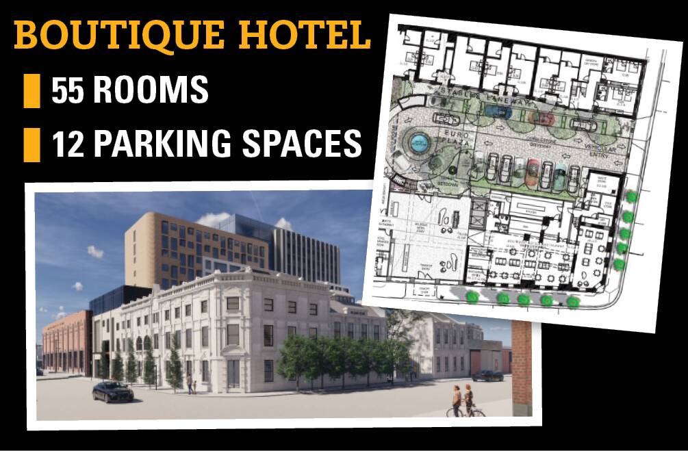 The 55-room Boutique Hotel ground floorplan and 3D exterior design. Pictures: Scanlan architects