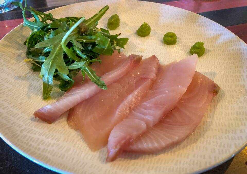 course 2 : King fish sashimi with capers, rocket, lemon zest, and wasabi with The Bend's Riesling 2019