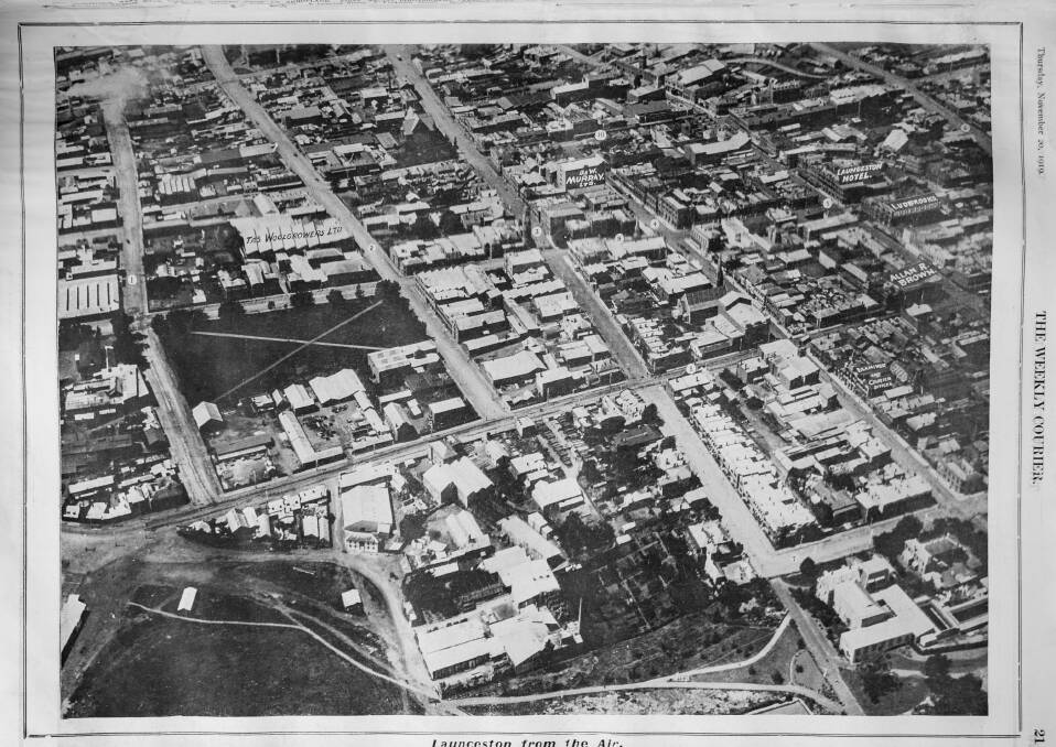 One of the first aerial photographs taken and published in The Weekly Courier. A view of Launceston and the main thoroughfares. 2:Cimitiere Street, 3: Cameron Street and 4:Patterson Street, with 8: Charles street. 