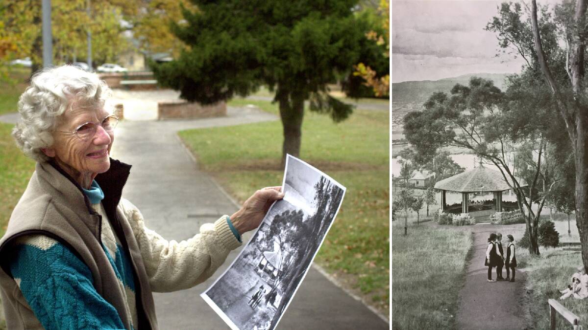 Margaret Laver, nee Beck, with the Then and Now picture taken of her and some friends at Trevallyn Reserve in 1929.