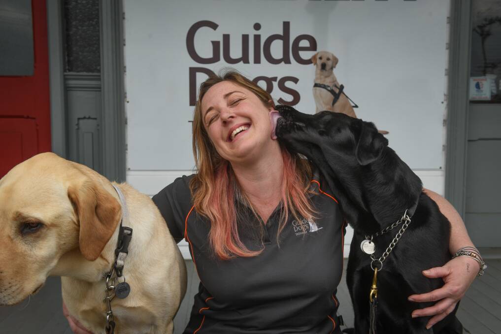 Guide Dog mobility instructor Kim Ryan with Harvey and Harper.