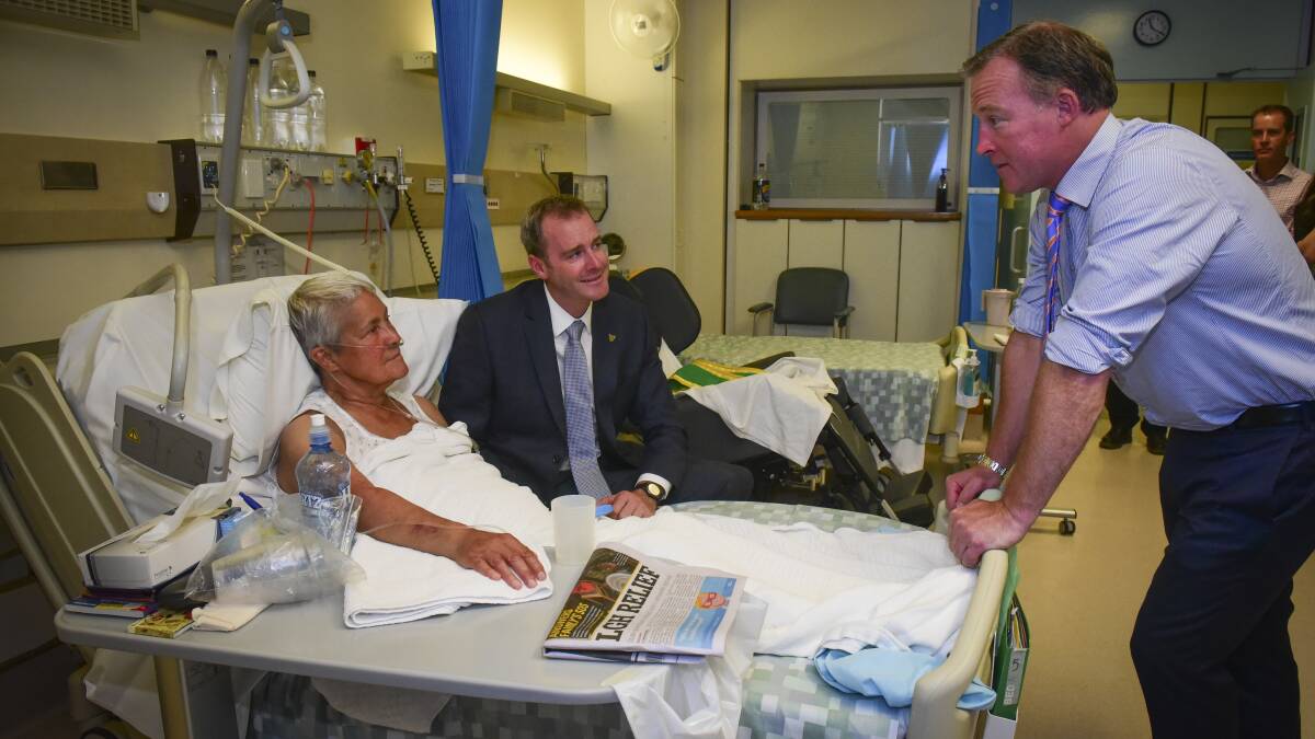 Health Minister Michael Ferguson and Premier Will Hodgman visit Susan McLeod of Ulverstone at the LGH. Picture: Paul Scambler