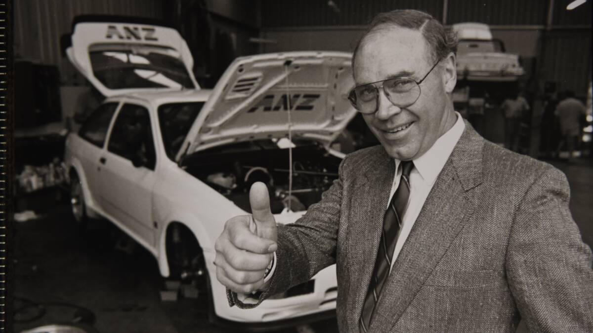 Racing legend Allan Moffat with his 1988 Ford Sierra in Launceston, before racing at Symmons Plains.