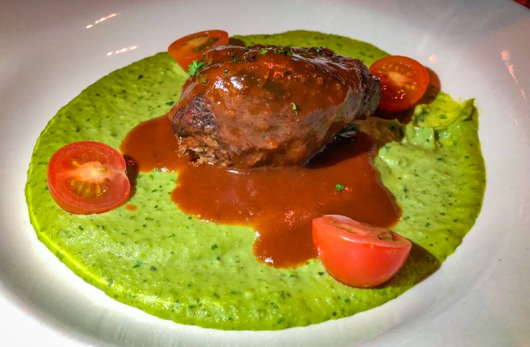Course 3: Northwest marinated lamb rump with chasseur sauce and minted pea puree served with Springvale's Pinot Noir