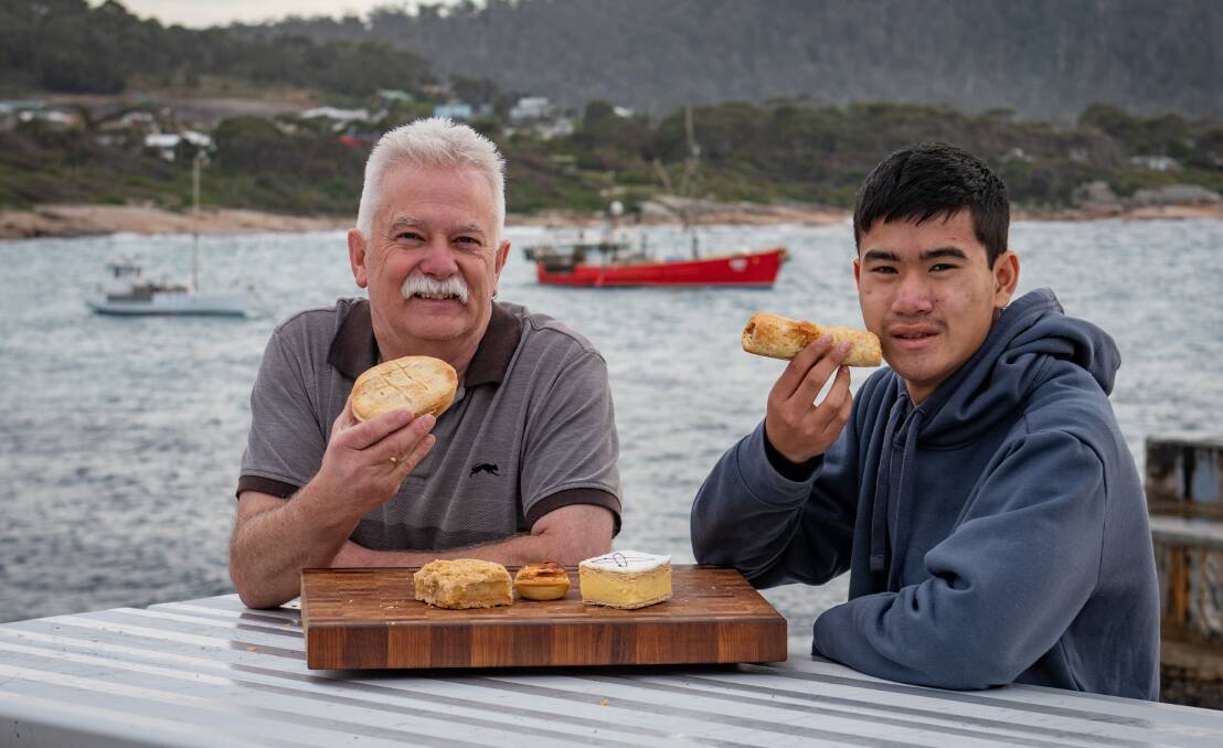 Bicheno lunch: Paul and his son Tom, with favourites from the Blue Edge bakery. 