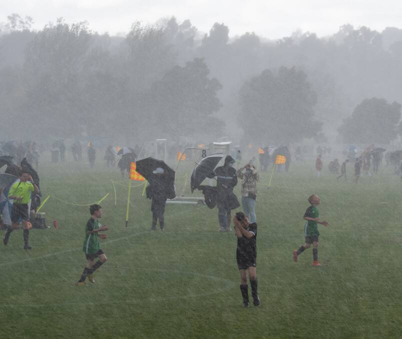 The rain squall during Launceston's Junior Soccer tournament, at Churchill Park