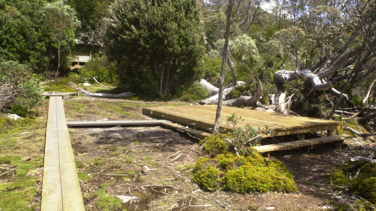 Newly constructed tent platforms at Windemere hut with boardwalks