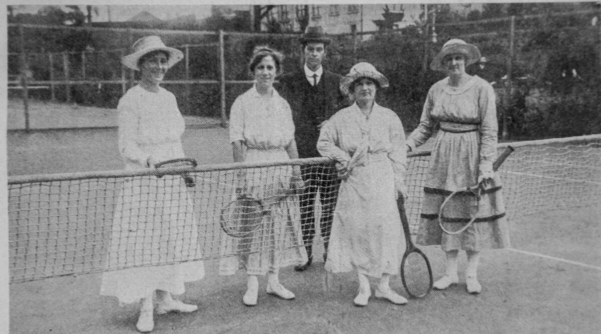 The Weekly Courier: Thursday March 25, 1920, Ladies' Doubles during the Summer Tennis in Launceston. Miss Mold and Miss Walduck (winners) and Miss Barnes and Miss Bell (runners-up)