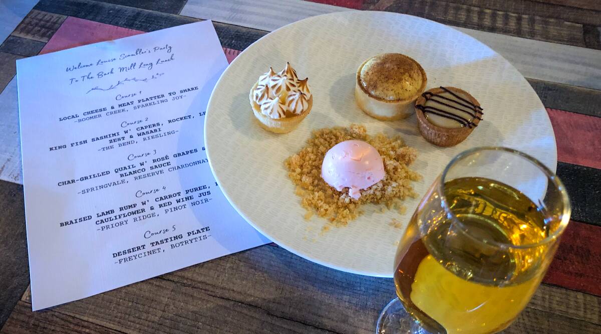 COURSE 5: Dessert with lemon meringue tart , lemon citrus tart, caramel tart and a deconstructed cheesecake and Freycinet's Botrytis 2019 