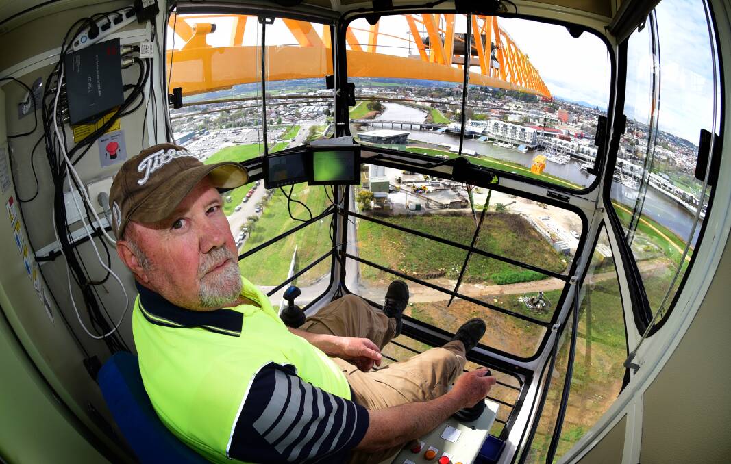 22/09/2016 tower crane operator Allan Dickenson in his office, 49 metres above the Silos site 