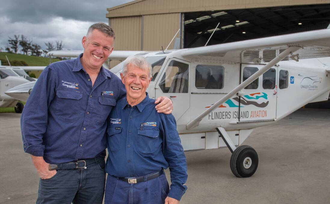  13/11/2021 Peter Barron (owner of Flinders Island Aviation) and retiring pilot Rob White of Launceston. at Flinders Island Aviation, Bridport. 