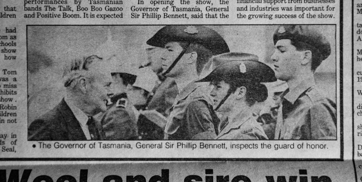 10/10/1986 The Governor of Tasmania, General Sir Phillip Bennett inspects the Guard of Honour at Elphin showgrounds.