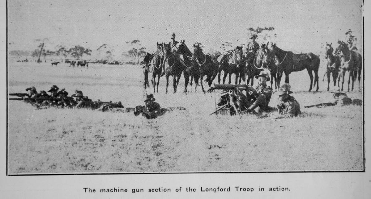 The Weekly Courier.: Thursday March 24, 1932, Light Horsemen go into camp at "Panshanger". The machine gun section of the Longford Troop of the 3rd Light Horse Regimnet in action