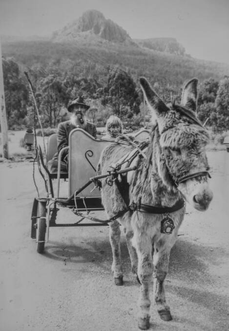 6/10/89 Eli Quillerat of Gipps Creek, and Joanne Cohen of Rossarden take a turn behind Smokey the donkey at the function to open the Darrell Hayes Memorial Mining museum at Storys creek. Picture: Paul Scambler
