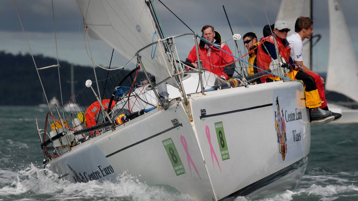  "Obsession" with Skipper, David Allan at the helm, and his crew sail out of the Tamar River heading to Flinders Island on the first leg of the H&R Block Three Peaks Race.