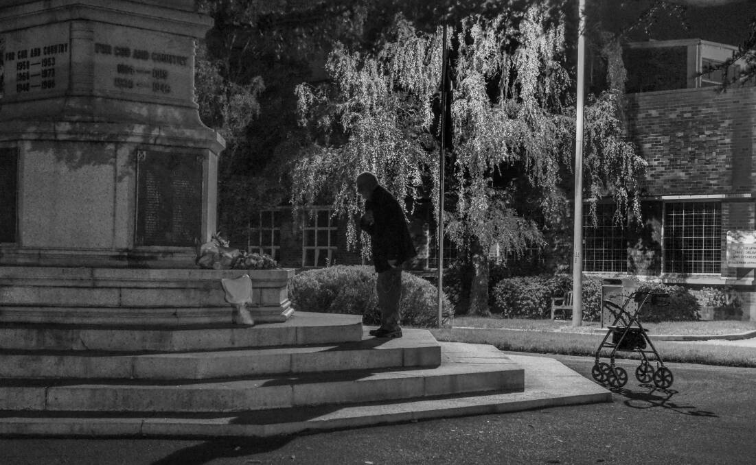 25th April 2020: All alone, Private Francis Dring of 5th RAR of Launceston, pays his repecs at the Launceston Cenotaph, during the Covid-19 lockdown.