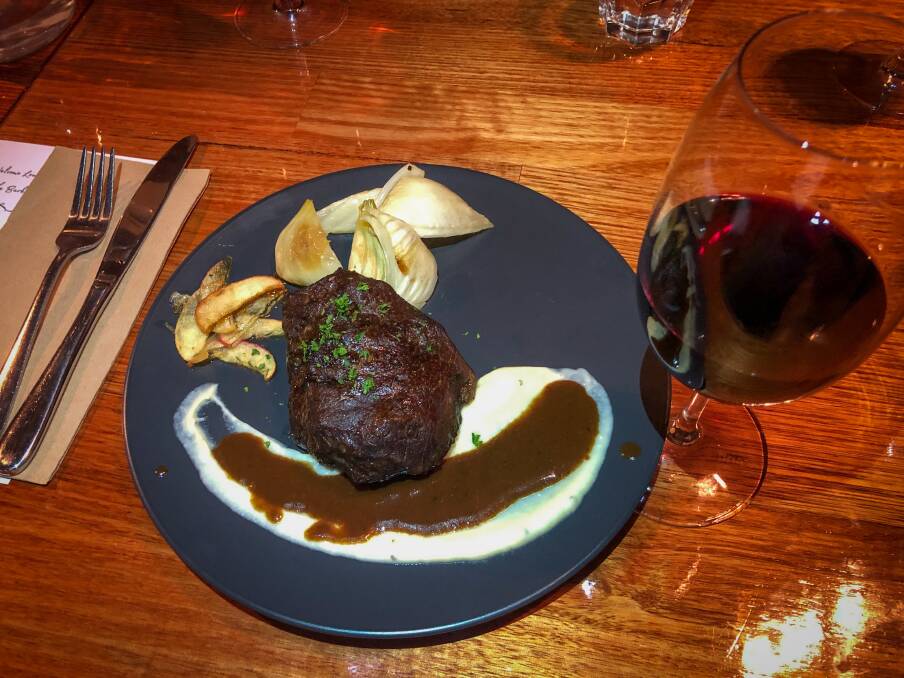 Course 4: Scottsdale braised beef cheek with a cauliflower puree and roasted fennel and honey glazed apple perfectly matched with The Bend's Cabernet Sauvignon.