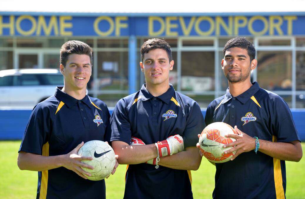 TOPS OF THE TRIO: American star Tyler Fischer, pictured with fellow new signings, Canadians Matt Zaikos and Raph Reynolds, has lived up to his club's early-season expectations playing for Devonport City. Picture: Brodie Weeding