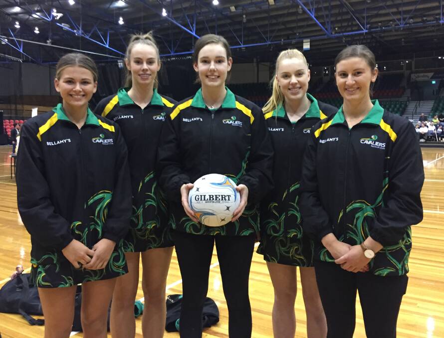 OFF TO NATIONALS: Cavaliers' state netball representatives Piper Newman, Courtney Treloar, Jamie Easther, Nadia Donnelly and Dana Lester. Picture: Tarlia Jordan