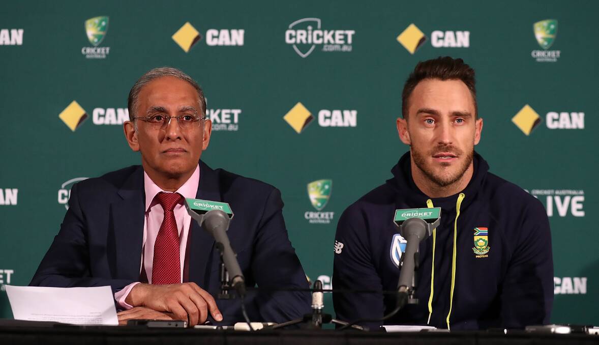 NOT HAPPY: South Africa Cricket CEO Haroon Lorgat and Faf du Plessis speak during a press conference before a South Africa training session for the Adelaide Test. Picture: Getty Images