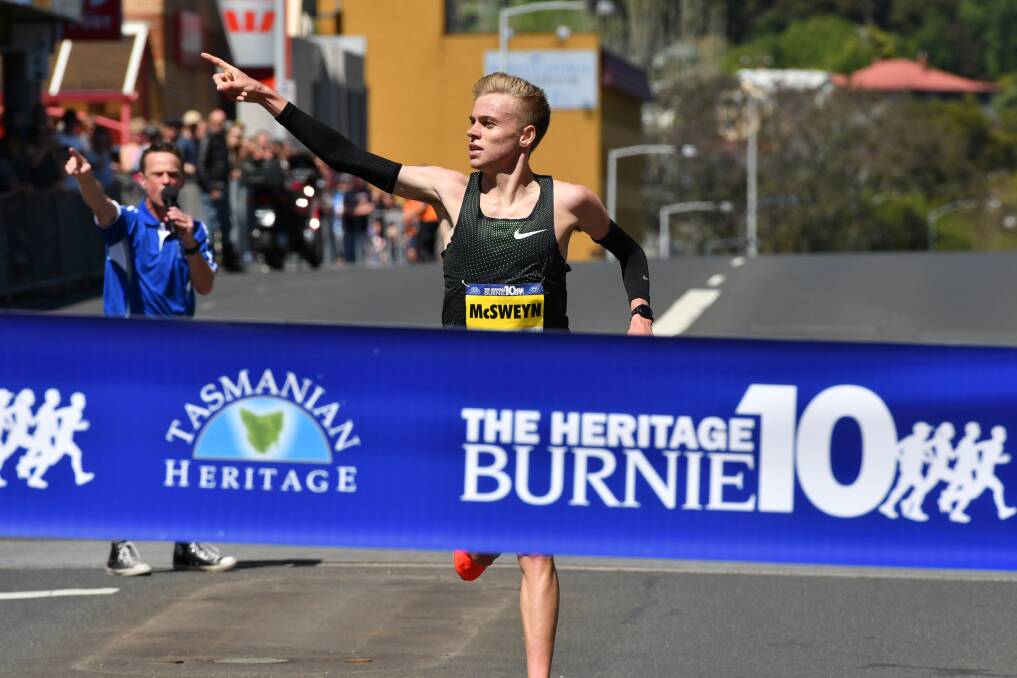 BACK-TO-BACK: Stewart McSweyn on his way to the Burnie Ten race record on Sunday to collect his second successive title. Pictures: Brodie Weeding