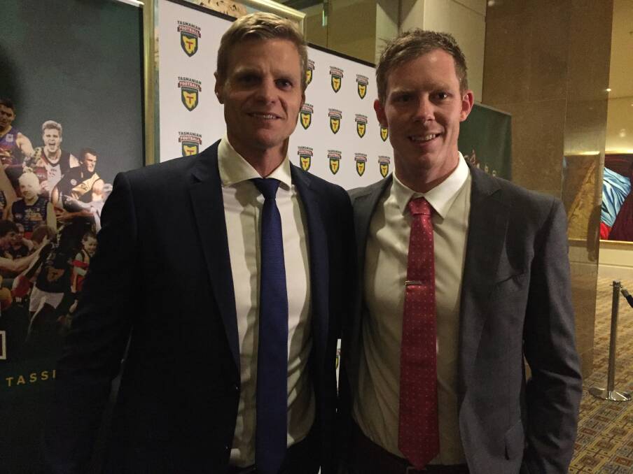 TASSIE TWO: Nick and Jack Riewoldt at the Celebration of Tasmanian Football gala event in Melbourne on Wednesday. Picture: Alex Fair 