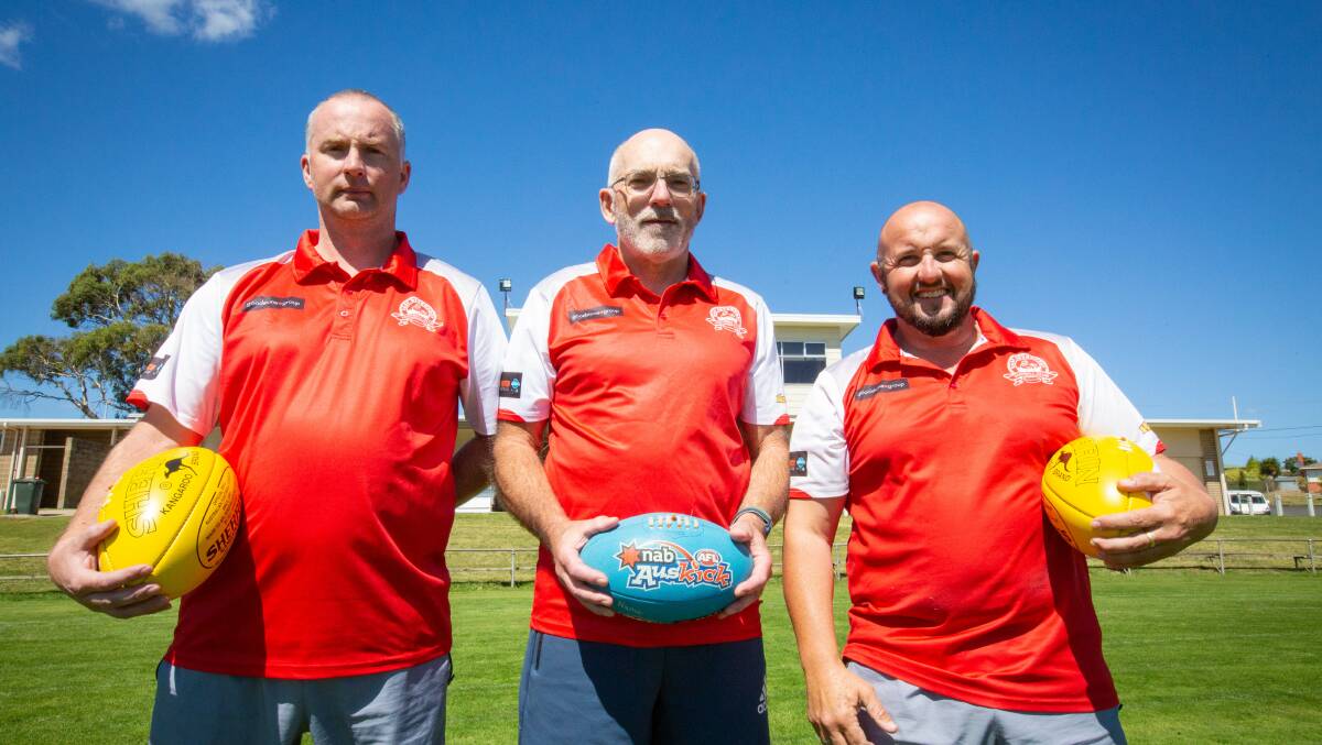 READY: East Devonport's Scott Foster, John Febey and Chris Young ahead of Saturday's practice match. Picture: Eve Woodhouse 