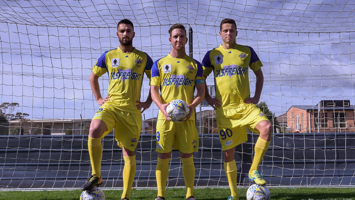 READY FOR ACTION: Guillermo Lazcano, Brayden Mann and Gediminas Krusa ahead of the Strikers' FFA Cup fixture. Picture: Simon Sturzaker