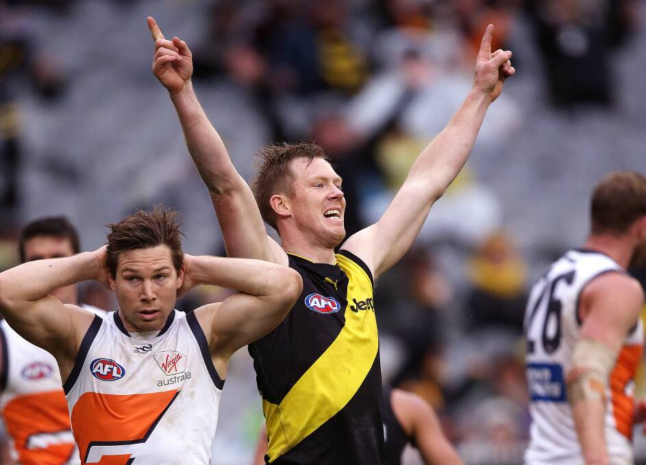 BACK IN TOWN: Jack Riewoldt celebrates a goal against Greater Western Sydney. Picture: Wayne Lubdey