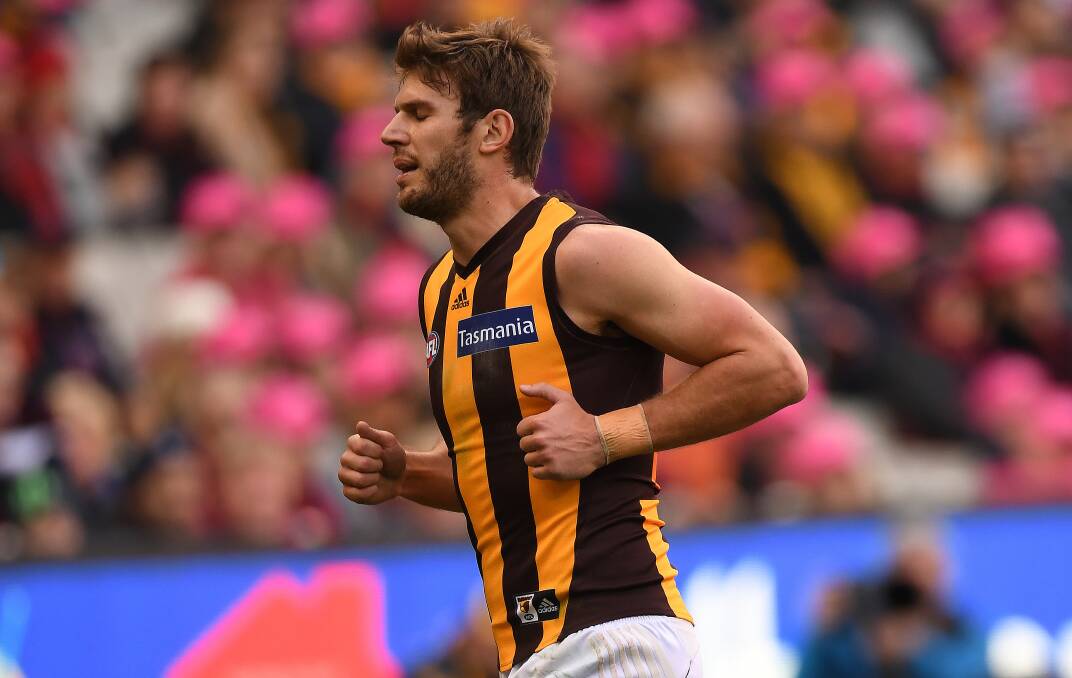 WINGS CLIPPED: Injury has hampered Grant Birchall's quest to return to the Hawthorn line-up this year. Picture: AAP Image/Julian Smith
